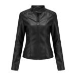 Women’s black leather zip-up jacket with a high collar and structured seams.
