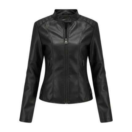 Women’s black leather zip-up jacket with a high collar and structured seams.