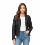 Women’s black leather moto jacket with structured shoulders, snap-flap chest details, and a tailored fit.