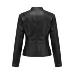 Women’s black leather jacket back view with structured seaming and a tailored, moto-inspired silhouette.
