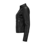 Women’s black leather jacket side view with a zippered chest pocket and sleek fitted sleeves.
