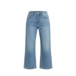A pair of women's light-wash, high-waisted, wide-leg denim Capri pants on a white background.