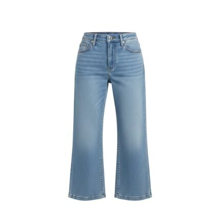 A pair of women's light-wash, high-waisted, wide-leg denim Capri pants on a white background.