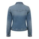 Back view of a women’s blue denim jacket featuring a classic V-shaped yoke design and buttoned waistband detail.