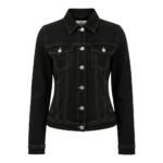 Women’s black denim jacket with button-up front, chest pockets, and contrast stitching details.