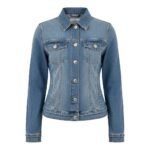 Front view of a women’s classic blue denim jacket featuring button closures and chest pockets