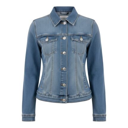 Front view of a women’s classic blue denim jacket featuring button closures and chest pockets