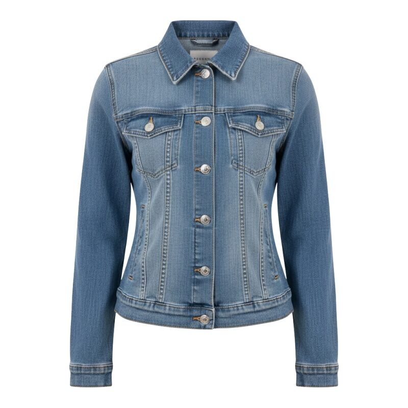 Front view of a women’s classic blue denim jacket featuring button closures and chest pockets