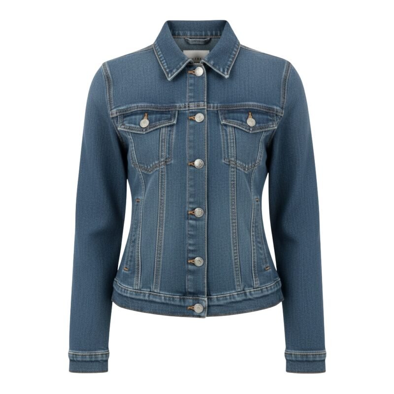 Women’s light blue denim jacket with button-up front, chest pockets, and subtle stitching details.