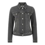 Classic women’s dark gray denim jacket with button-up front, chest pockets, and stylish stitching details.