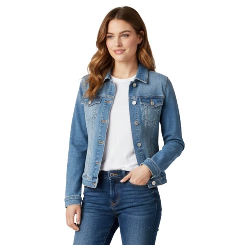Woman wearing a classic blue denim jacket with front buttons, paired with a white top and blue jeans.