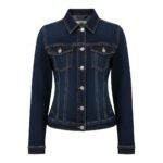Women’s dark blue denim jacket with button-up front, chest pockets, and contrasting stitching details.