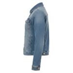 Side profile of a women’s blue denim jacket showcasing its fitted design, buttoned cuffs, and stitched details.