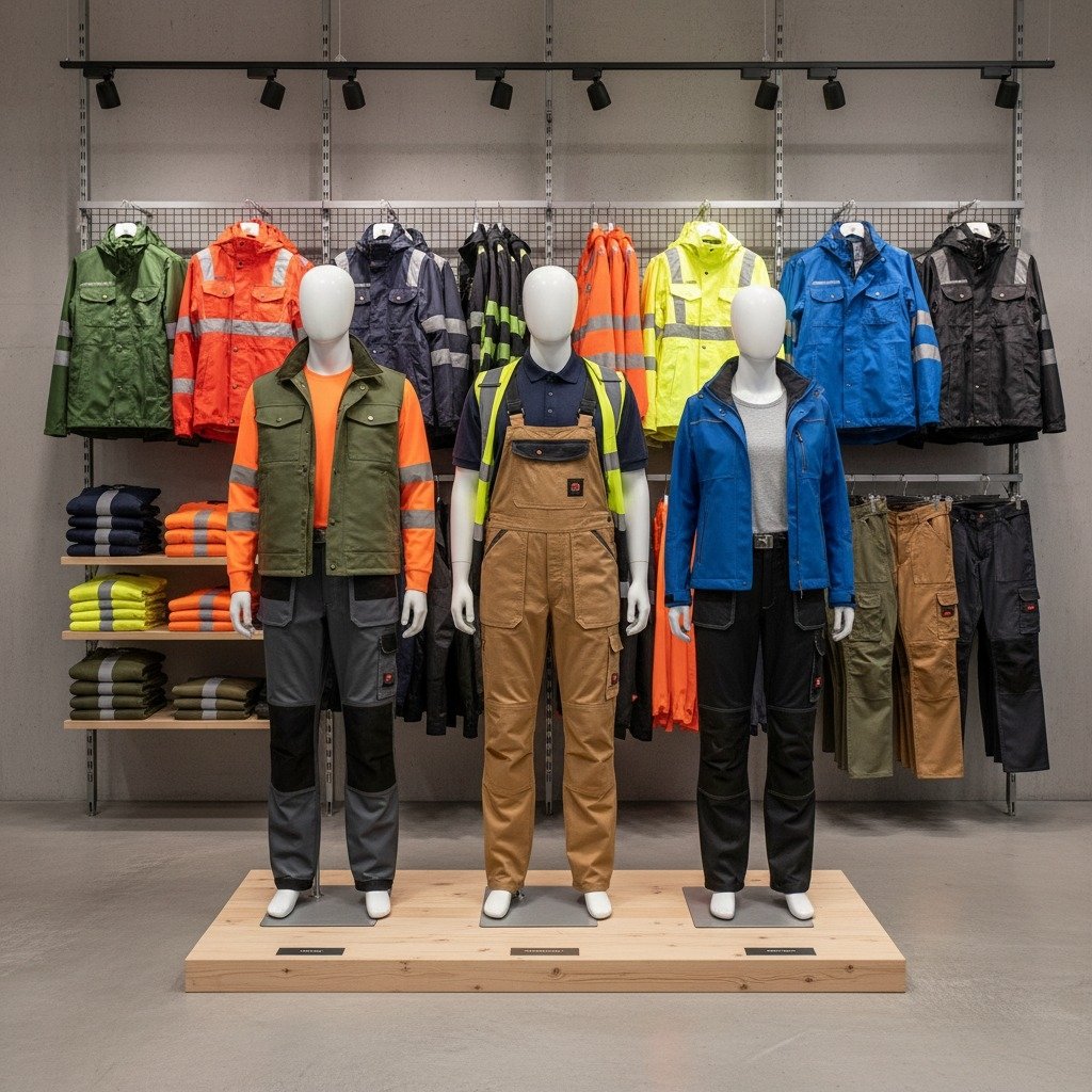 Mannequins wearing a range of workwear protective clothing, including hi-visibility jackets and work trousers, displayed in a retail showroom.
