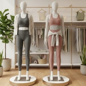 Two yoga mannequins modeling coordinated yoga wear in a minimalist studio setting.