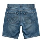 Back view of denim jean shorts in light blue with back yoke and waistband stitching