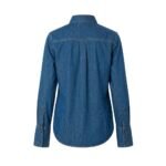 Back view of a medium-blue oversized denim shirt, buttoned fully, with yoke pleats and button cuffs on a light background.