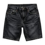 Black denim jean shorts with front pockets and brown-tone button detailing