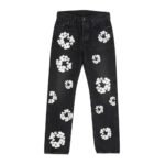 Dark black straight-leg jeans with white floral patterns scattered across the front, button fly closure.
