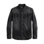 lack men's denim long-sleeve button-down shirt with two chest pockets and brown buttons laid flat on white background.