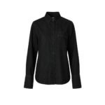 Front view of a black oversized denim shirt buttoned up with a left chest pocket and wide button cuffs on a light background.