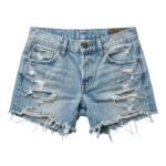 Light blue ripped denim shorts with frayed edges, five-pocket design, and button closure on a white background.