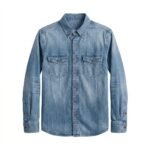 Light blue men's denim button-down shirt with long sleeves, button-down collar, and two chest pockets, on white background.