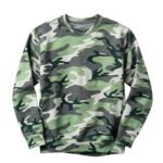 Camo performance sweatshirt in Grass Green tones, laid flat to show neckline, cuffs, and overall silhouette