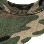 Close-up view of a camo performance sweatshirt, highlighting fabric texture, neckline, and print details