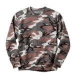 Camo performance sweatshirt in dark red tones, laid flat to show neckline, cuffs, and overall silhouette