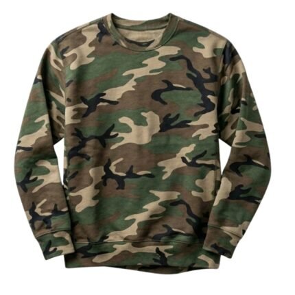 Front view of a camo performance sweatshirt laid flat, showing neckline, cuffs, and overall silhouette
