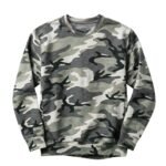 Camo performance sweatshirt in light gray tones, laid flat to show neckline, cuffs, and overall silhouette