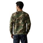 Back view of a man wearing a camo performance sweatshirt and joggers, showing full camouflage print and relaxed fit