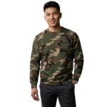 Front view of a man wearing a camo performance sweatshirt and joggers, standing in a relaxed pose