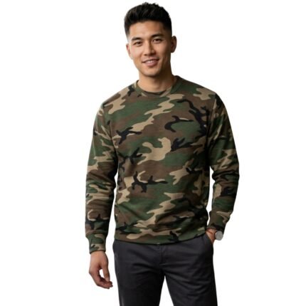 Front view of a man wearing a camo performance sweatshirt and joggers, standing in a relaxed pose