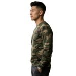Side view of a man wearing a camo performance sweatshirt and joggers, showing relaxed fit and camouflage pattern