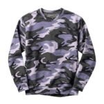 Camo performance sweatshirt in vivid purple tones, laid flat to show neckline, cuffs, and overall silhouette