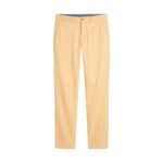 Men’s light orange chino pants, front view laid flat on a white background.