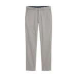 Men’s gray chino pants, front view laid flat on a white background.