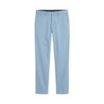 Men’s sky blue chino pants, front view laid flat on a white background.