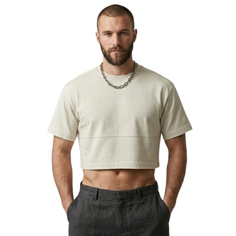 Man wearing athletic crop top, front model view.