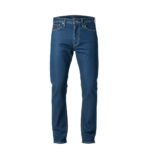 Dark blue straight-leg raw denim jeans standing upright against a white background, featuring a button fly, belt loops, and classic five-pocket styling with subtle fading.