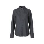 Front view of a dark gray oversized denim shirt with button-down collar and left chest pocket on a white background.