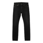 Men’s black denim jeans in a front view with five-pocket styling and contrast stitching, slim straight fit