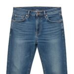 Men’s blue denim jeans in a front view with five-pocket styling and contrast stitching, straight fit