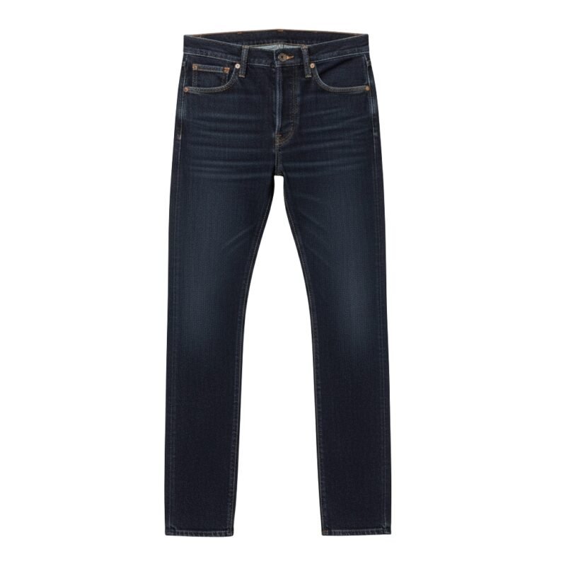 Men’s dark blue denim jeans in a front view with five-pocket styling, button fly, and contrast stitching