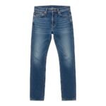 Blue denim jeans with a straight leg and contrast stitch details