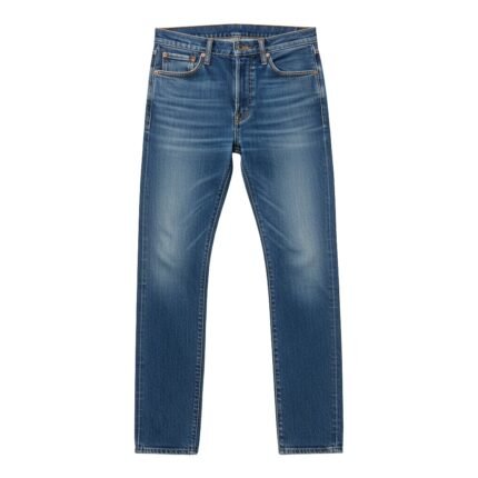 Blue denim jeans with a straight leg and contrast stitch details