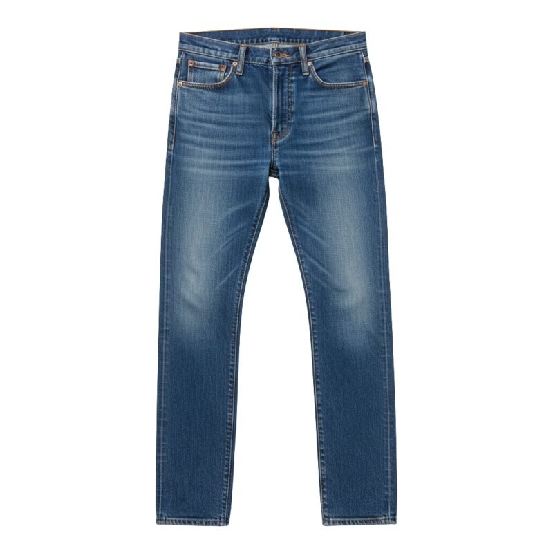 Blue denim jeans with a straight leg and contrast stitch details