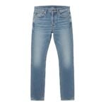 Men’s light blue denim jeans in a front view with five-pocket styling, contrast stitching, and a slim straight fit